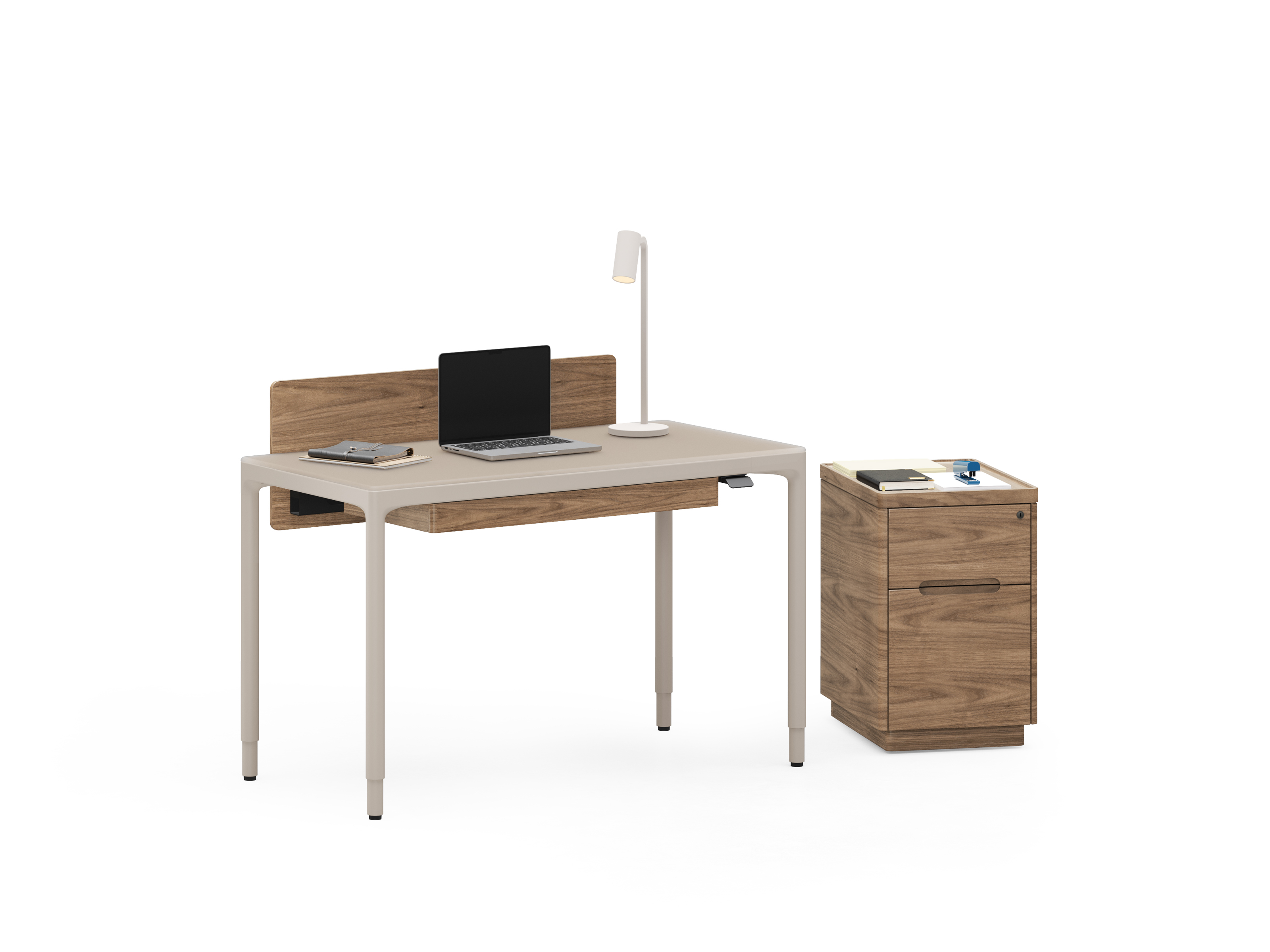 Luma office lift compact desk 6761 BDI + File Pedestal 6727 + Keyboard Storage Drawer 6769 + Small Adjustable Back Panel 6766 (Up) WL 2