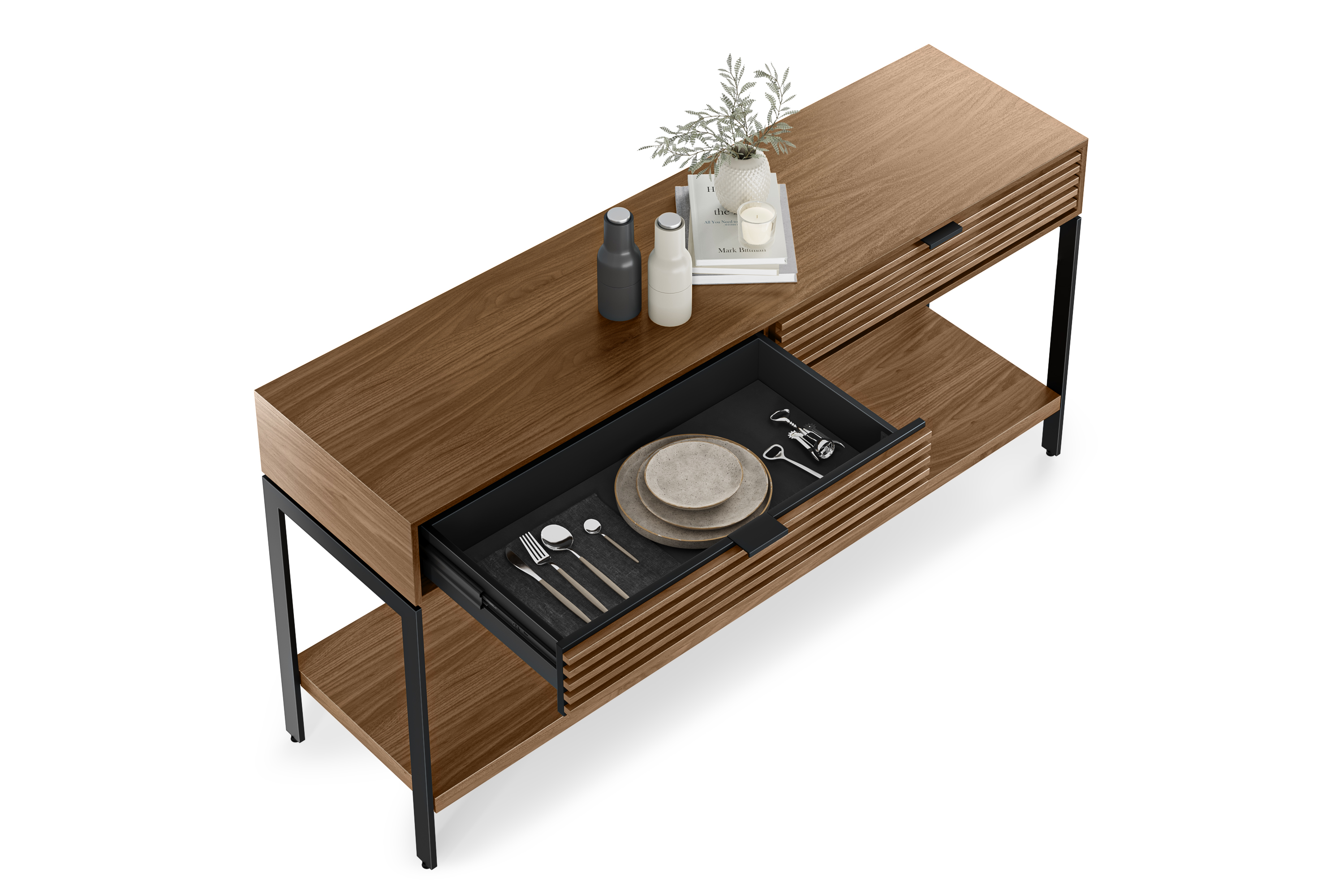 cora-console-1172-BDI-natural-walnut-contemporary-wood-kitchen-open-drawer-detail-02