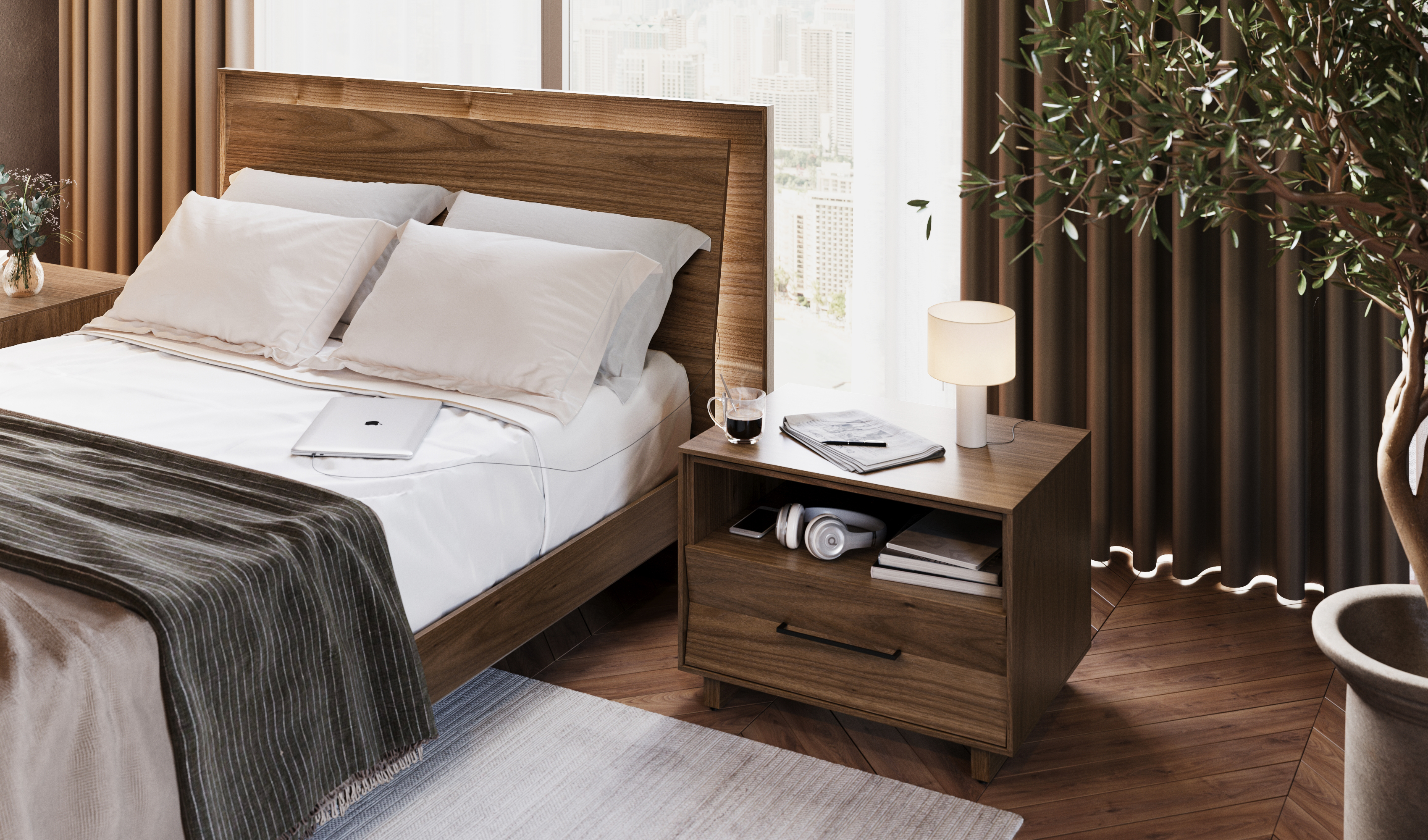kava-9617-queen-9682-BDI-walnut-modern-platform-bed-1-on-power-lowered-frame