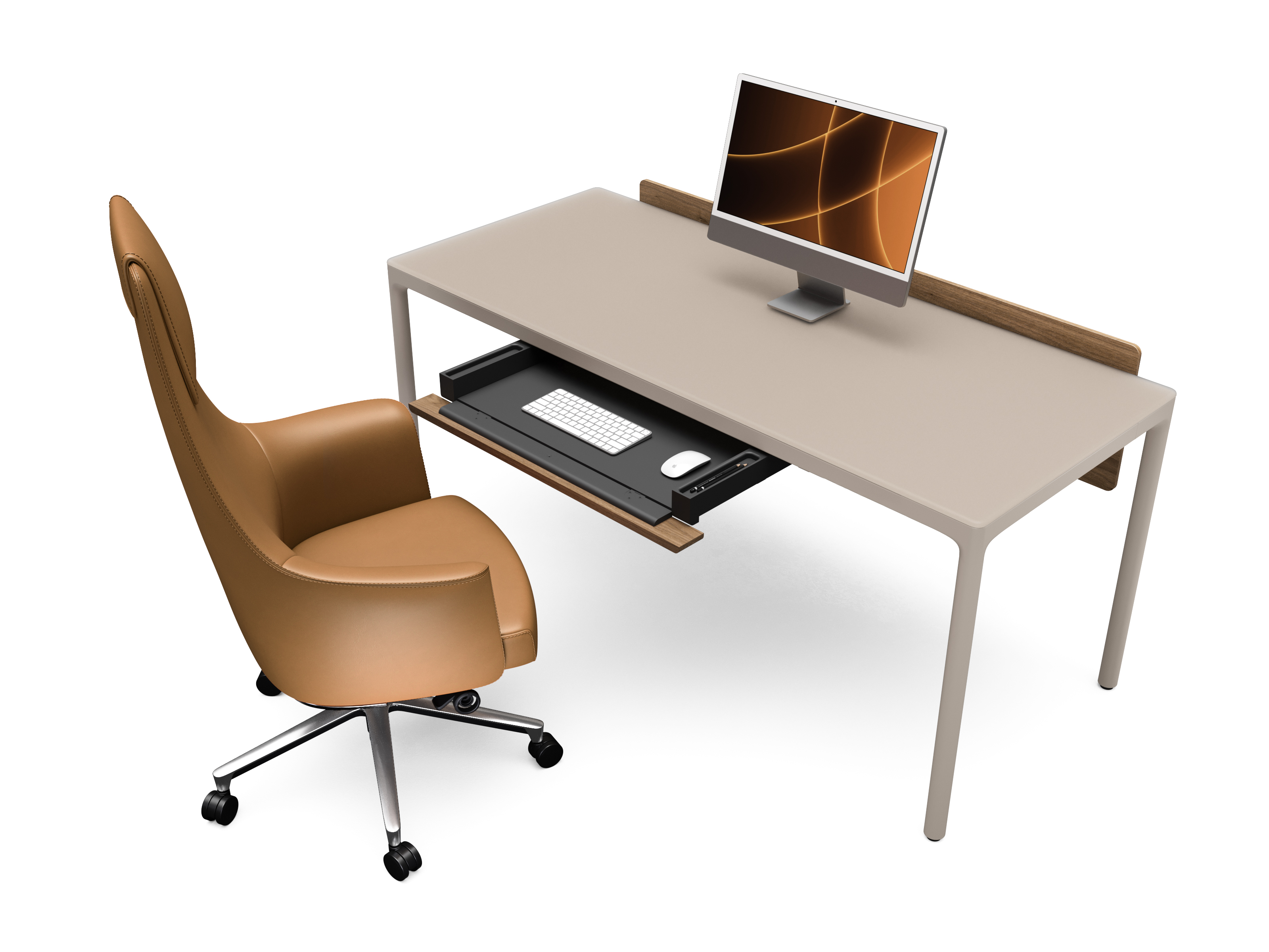 luma office lift desk 6762 BDI with Drawer 6769 + Large Adjustable Back Panel 6767 (Down) Seated DU 1