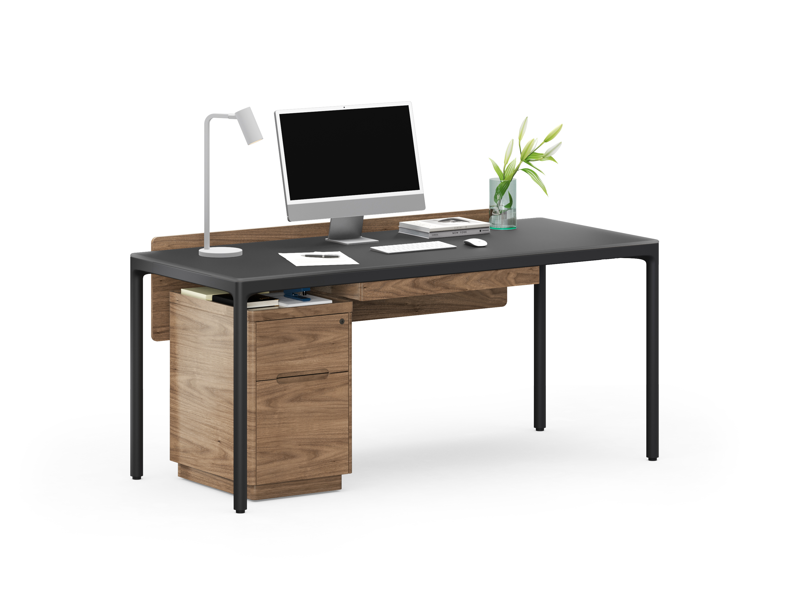 luma office lift desk 6762 BDI with File Pedestal 6727 + Drawer 6769 + Large Adjustable Back Panel 6767 (Down) Seated BK 2